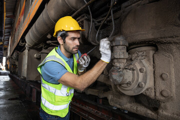 Portrait of Engineer train Inspect the train's diesel engine, railway track in depot of train
