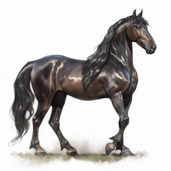 A beautiful bay horse illustration on white background. Generative AI. 
