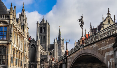 Fototapeta na wymiar Ghent old town skyline and Saint Nicholas Church, historic city centre, Gent Belgium travel photo