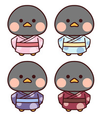 浴衣を着た黒い鳥のセット