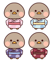 浴衣を着た茶色い鳥のセット