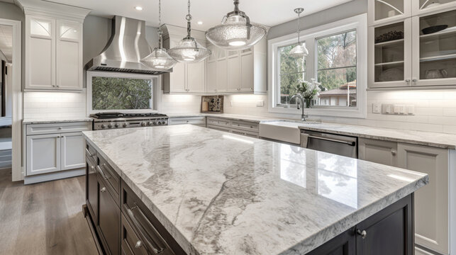 Marble kitchen countertop with copy space over bright elegance kitchen Generative AI