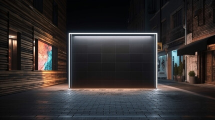 Plakat Perspective view on black square layout of street shop signboard with space for logo brand or campaign text on night wooden wall outdoor, advertising concept Generative AI