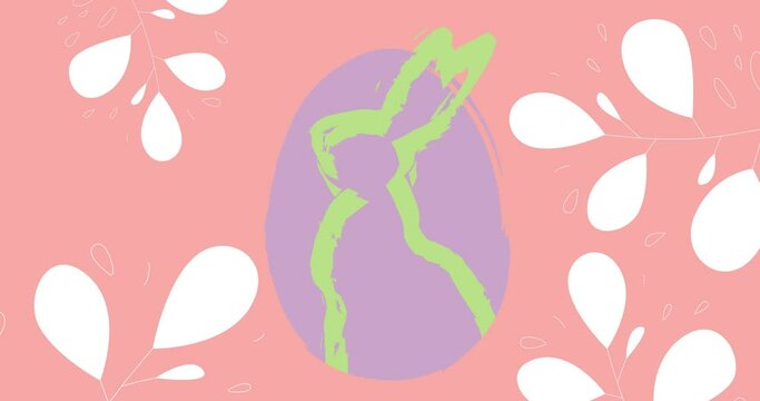 Easter greeting animation background with rabbit eggs and leaves. Elegant Holiday cartoon design. Painted bunny and egg. Modern minimal video in pastel colors.