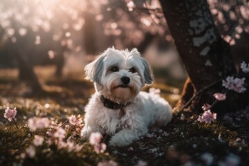 Dog surrounded by cherry blossom. Generative AI