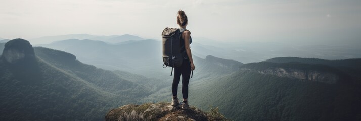 man standing on top of a mountain with a backpack on his back standing at the edge of a cliff looking at the magnificent view. Generative AI