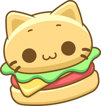 Hamburguesa, hamburguesa vector kawaii, hamburguesa bonita, ilustraci&radic;&ge;n de hamburguesa, hamburguesa en forma de gato, sin fondo