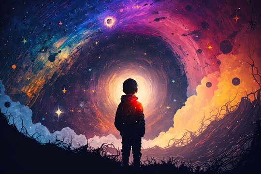 boy looking for a colorful galaxy in the sky. Generative Ai	
