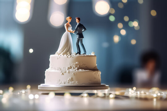 3d model couple of bride and grooom doing activities on the top of wedding cake with blurry bokeh around them. generative AI