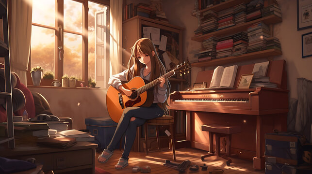 Anime poster of young girl with long brown hair playing guitar in her cozy bedroom, sun softly streaming through the window, casting a warm glow on her face and surroundings. generative ai