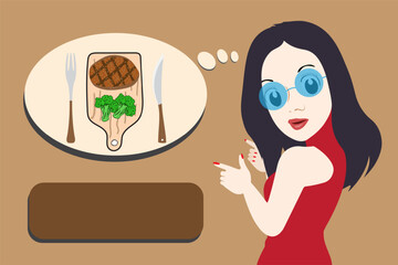 woman pointing at steak plate. A woman is presenting an appetizing looking steak.