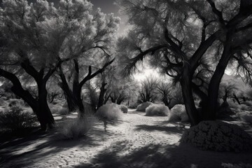 Wallpaper forest desert, black and white color, decoration, plants, sky, generative AI.