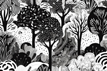 Wallpaper forest desert, black and white color, decoration, plants, sky, illustration, generative AI.