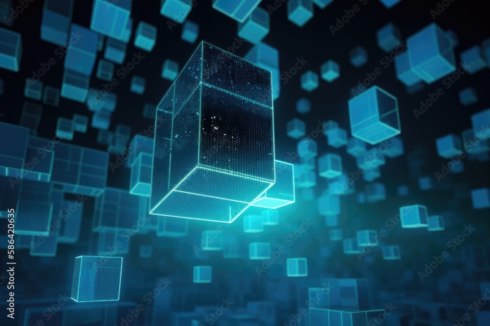 Poster levitating cube surrounded by smaller cubes in a minimalist design. generative ai