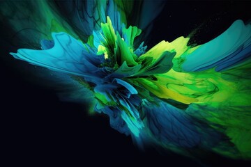 vibrant green and blue flower set against a dark black background. Generative AI