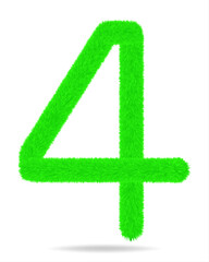 Number 4 in green color cute and furry. White background and shadow.