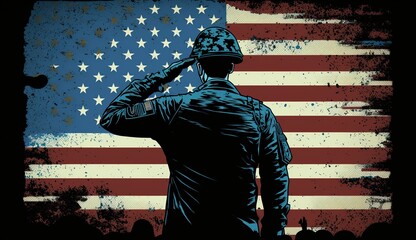 Memorial Day - Illustration of soldier saluting with usa flag, Generative ai