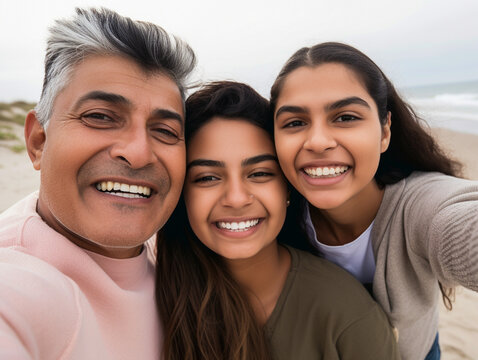A Hispanic Family Taking a Selfie on a Beach | Generative AI