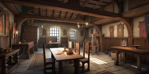 Fototapeta na wymiar The Adventurers' Sanctuary, The Bustling Heart of a Medieval Fantasy Guild, Generated by AI