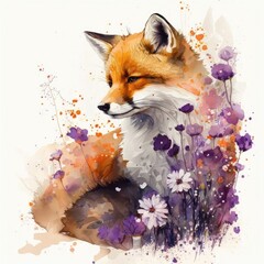 An adorable fox nuzzles up to a spray of purple flowers Generative Ai