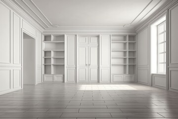 an empty room with a classic bookcase and elegant tile flooring. Generative AI