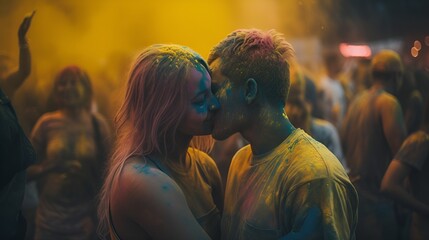 Young couple kissing at an EDM music festival, rave