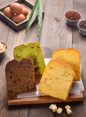 A set of Pillow Loaf Cakes - chocholate, somke beef, pandan klepon, cheese - made fresh by homemade recipe