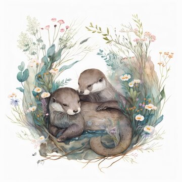 A delightful watercolor painting of a pair of otters Generative Ai