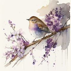 This lovely watercolor painting features a sweet little bird Generative Ai