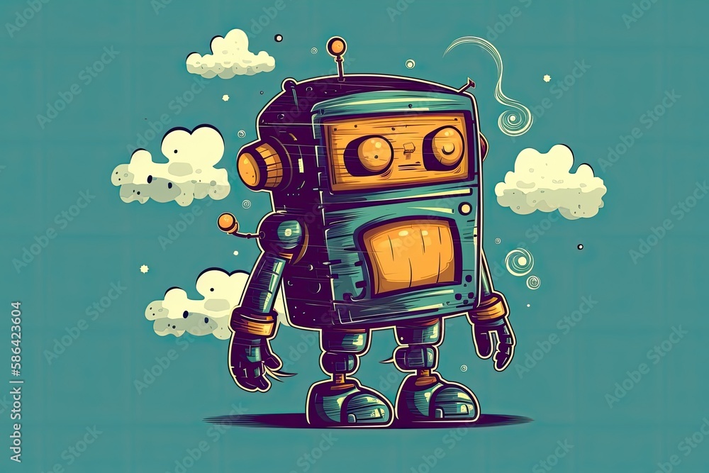 Poster cute cartoon robot standing in front of fluffy clouds. generative ai