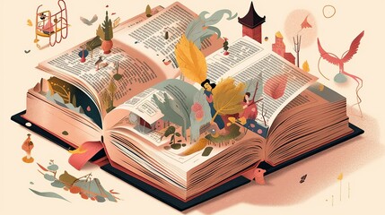 World Book Day, book being opened, with different characters and elements from the story spilling out onto the table - Generative AI