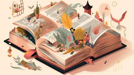 World Book Day, book being opened, with different characters and elements from the story spilling out onto the table - Generative AI © ImageMaster