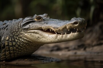 an alligator resting in a swamp. Generative AI