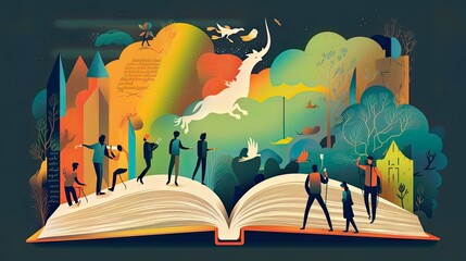 An image of a book being opened, with different characters and elements from the story spilling out onto the table - Generative AI