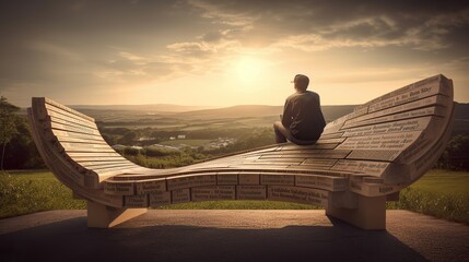An image of a person sitting on a book bench, with different quotes and passages forming the shape of the bench and the surrounding scenery. - Generative AI