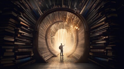 An image of a person walking through a magical portal formed by the pages of a book, entering a world of imagination and wonder - Generative AI