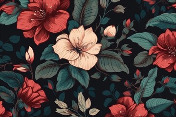 red flowers with green leaves on a black background. Generative AI