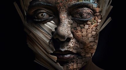 An image of a person's face made of different book pages, with different stories and genres forming the different facial features and expressions - Generative AI