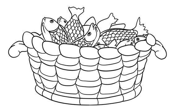 Basket full of fish in outlines for coloring, Vector illustration