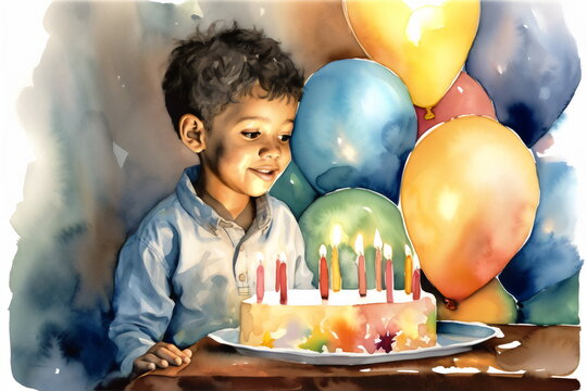 watercolor painting of birthday boy and cake with balloons, made with generative ai