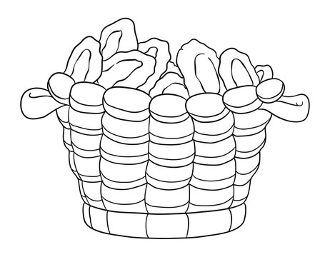 Basket with loaves in outlines for coloring activities, Vector illustration