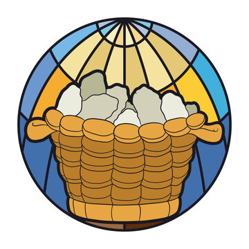 Button with basket and loaves of bread like stained glass, Vector illustration