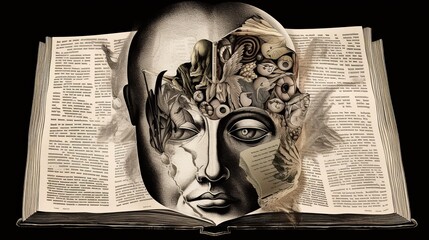 An image of a person's head with a book for a face, with different elements from the story forming the different facial features - Generative AI