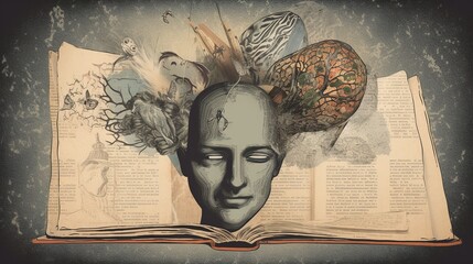 An image of a person's head with a book for a face, with different elements from the story forming the different facial features - Generative AI