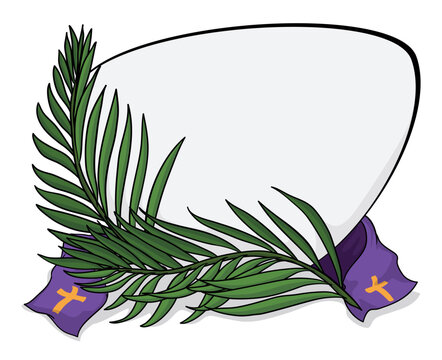 Blank sign decorated with palm branches and purple stole, Vector illustration