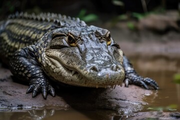 Obraz premium massive alligator basking on a rocky surface. Generative AI