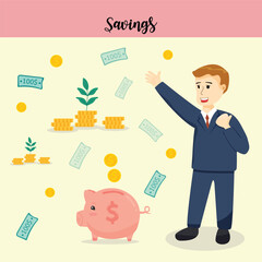 Businessman and Piggy Bank with Money Clipart Vector. Growth, income, savings, investment. Symbol of wealth. Business success. Flat style vector illustration.