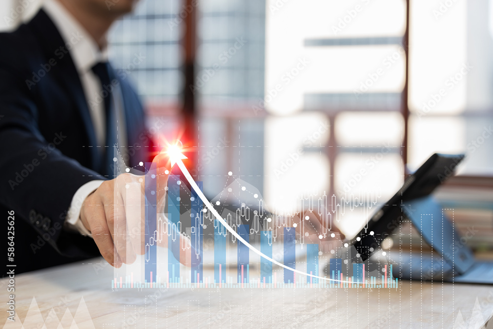 Aufkleber businessman planning and strateg touching digital data growth graph and progress of business and ana