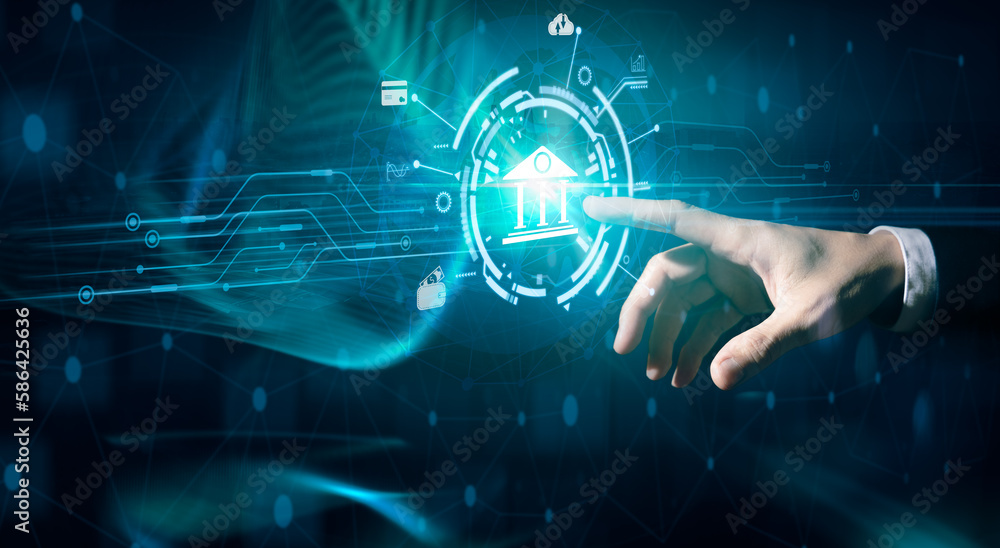 Poster man touch digital virtual bank on network of financial data and banking and decentralized finance on