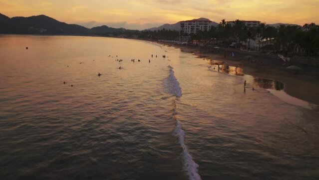 Tourists At The Beach Near Delfos Club Santiago In Manzanillo, Colima, Meximo. Aerial Drone Shot